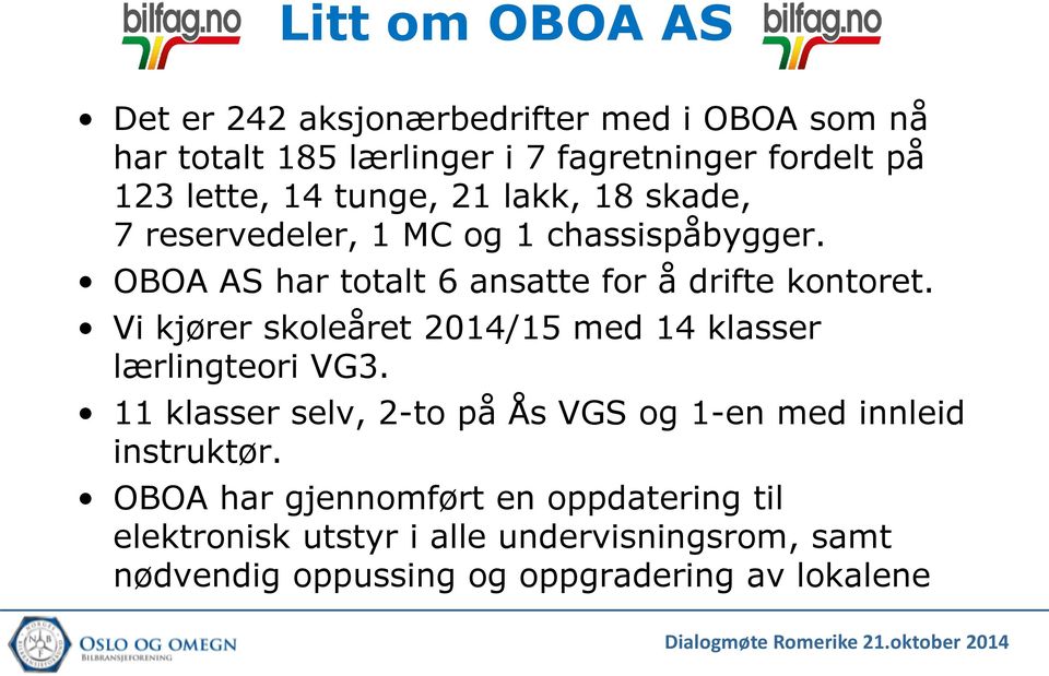 Vi kjører skoleåret 2014/15 med 14 klasser lærlingteori VG3. 11 klasser selv, 2-to på Ås VGS og 1-en med innleid instruktør.