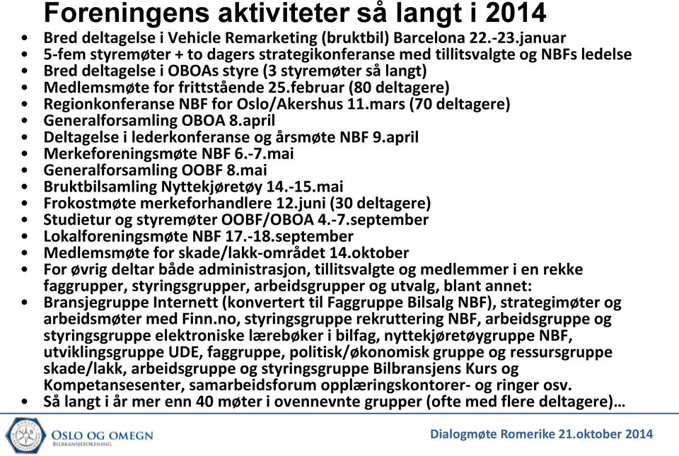 februar (80 deltagere) Regionkonferanse NBF for Oslo/Akershus 11.mars (70 deltagere) Generalforsamling OBOA 8.april Deltagelse i lederkonferanse og årsmøte NBF 9.april Merkeforeningsmøte NBF 6.-7.