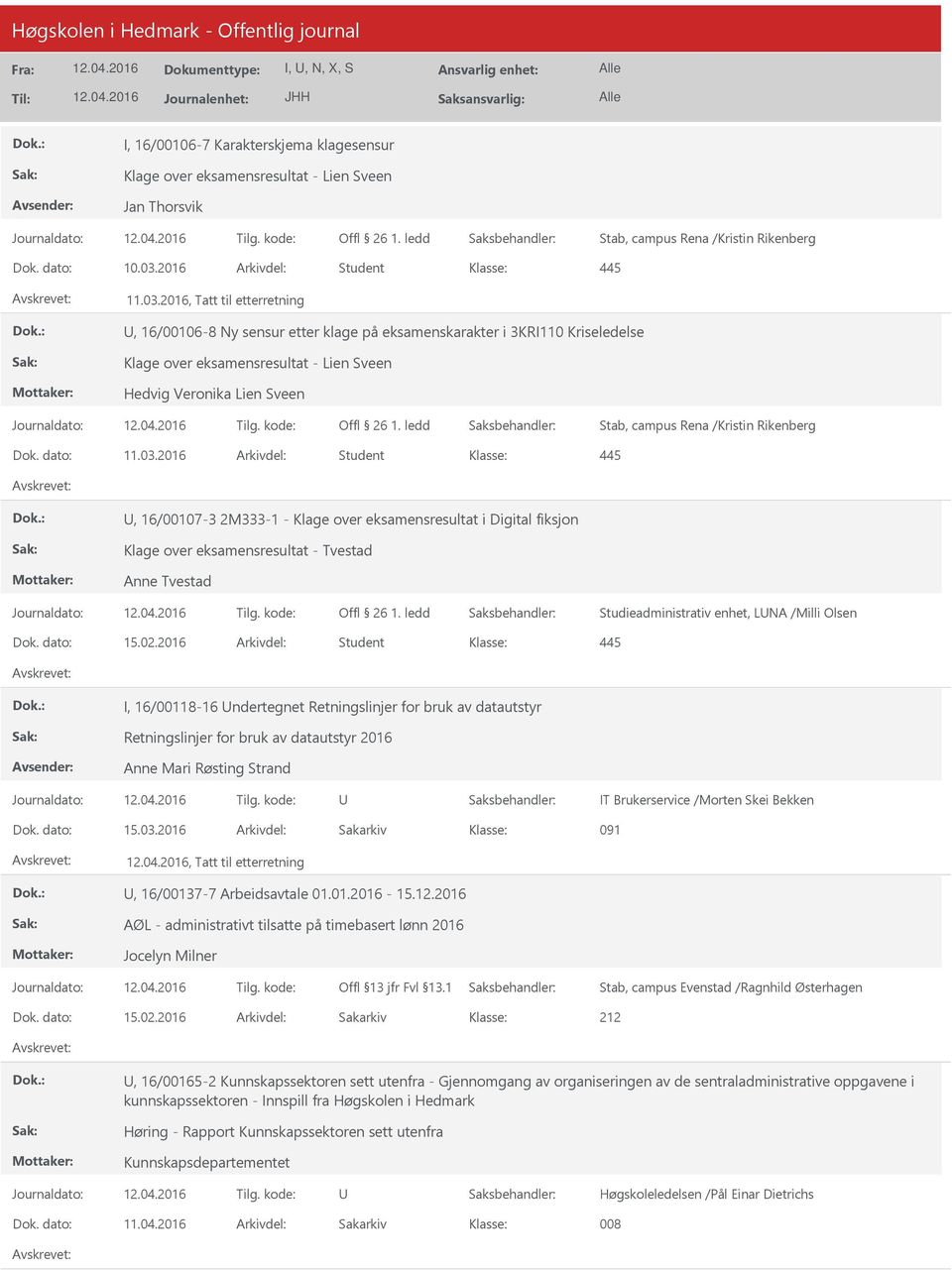 2016, Tatt til etterretning, 16/00106-8 Ny sensur etter klage på eksamenskarakter i 3KRI110 Kriseledelse Klage over eksamensresultat - Lien Sveen Hedvig Veronika Lien Sveen Dok. dato: 11.03.