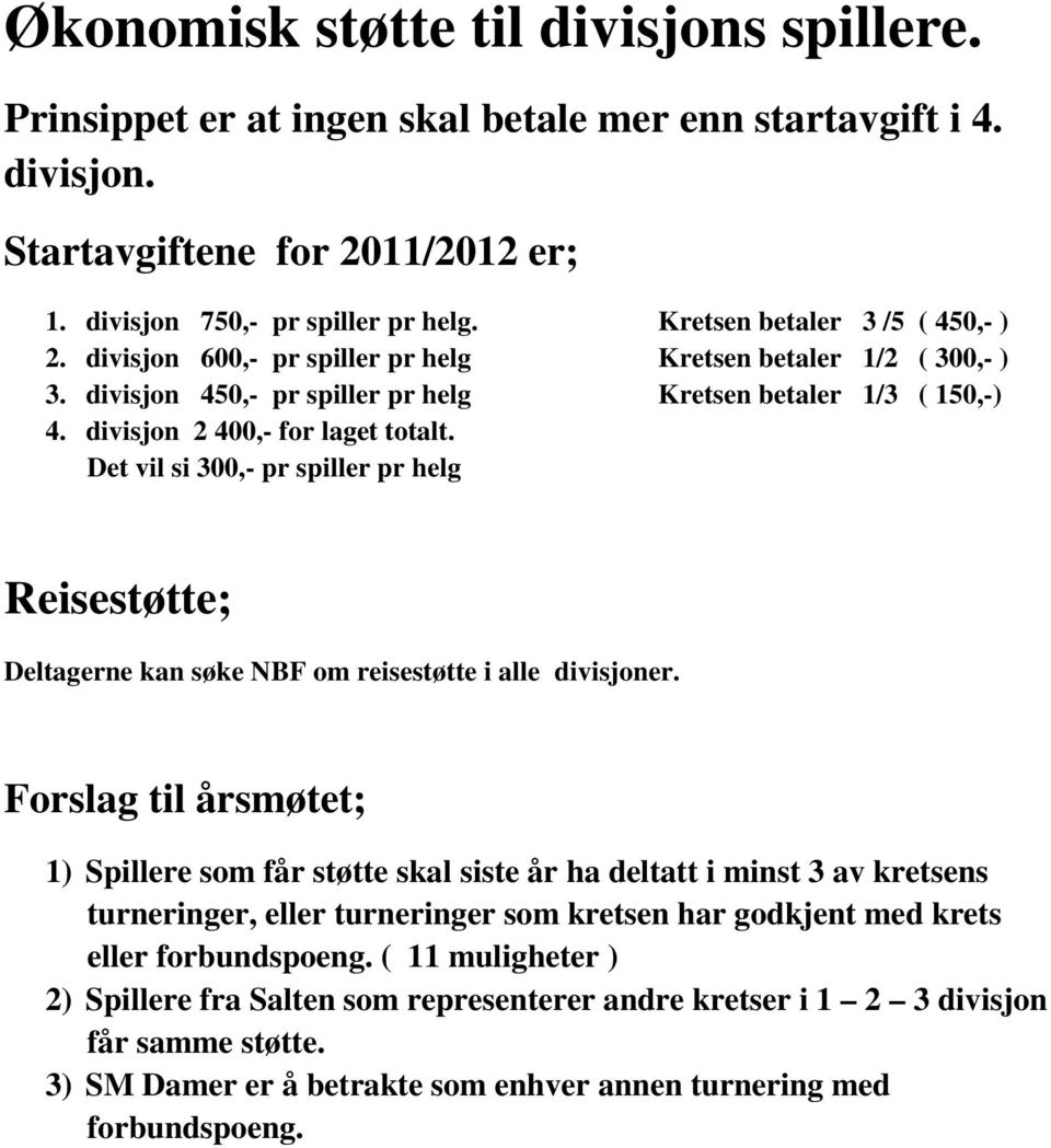 divisjon 2 400,- for laget totalt. Det vil si 300,- pr spiller pr helg Reisestøtte; Deltagerne kan søke NBF om reisestøtte i alle divisjoner.