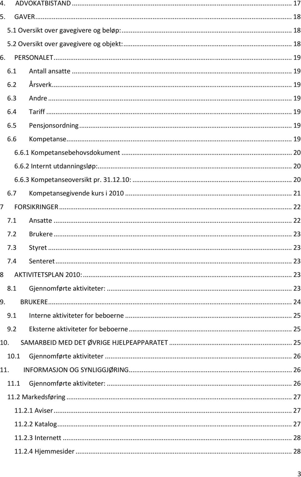 .. 21 7 FORSIKRINGER... 22 7.1 Ansatte... 22 7.2 Brukere... 23 7.3 Styret... 23 7.4 Senteret... 23 8 AKTIVITETSPLAN 2010:... 23 8.1 Gjennomførte aktiviteter:... 23 9. BRUKERE... 24 9.