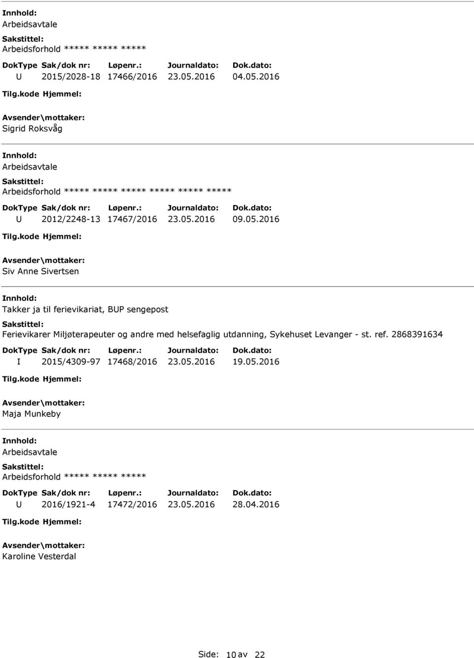 2016 Siv Anne Sivertsen Takker ja til ferievikariat, B sengepost Ferievikarer Miljøterapeuter og andre med