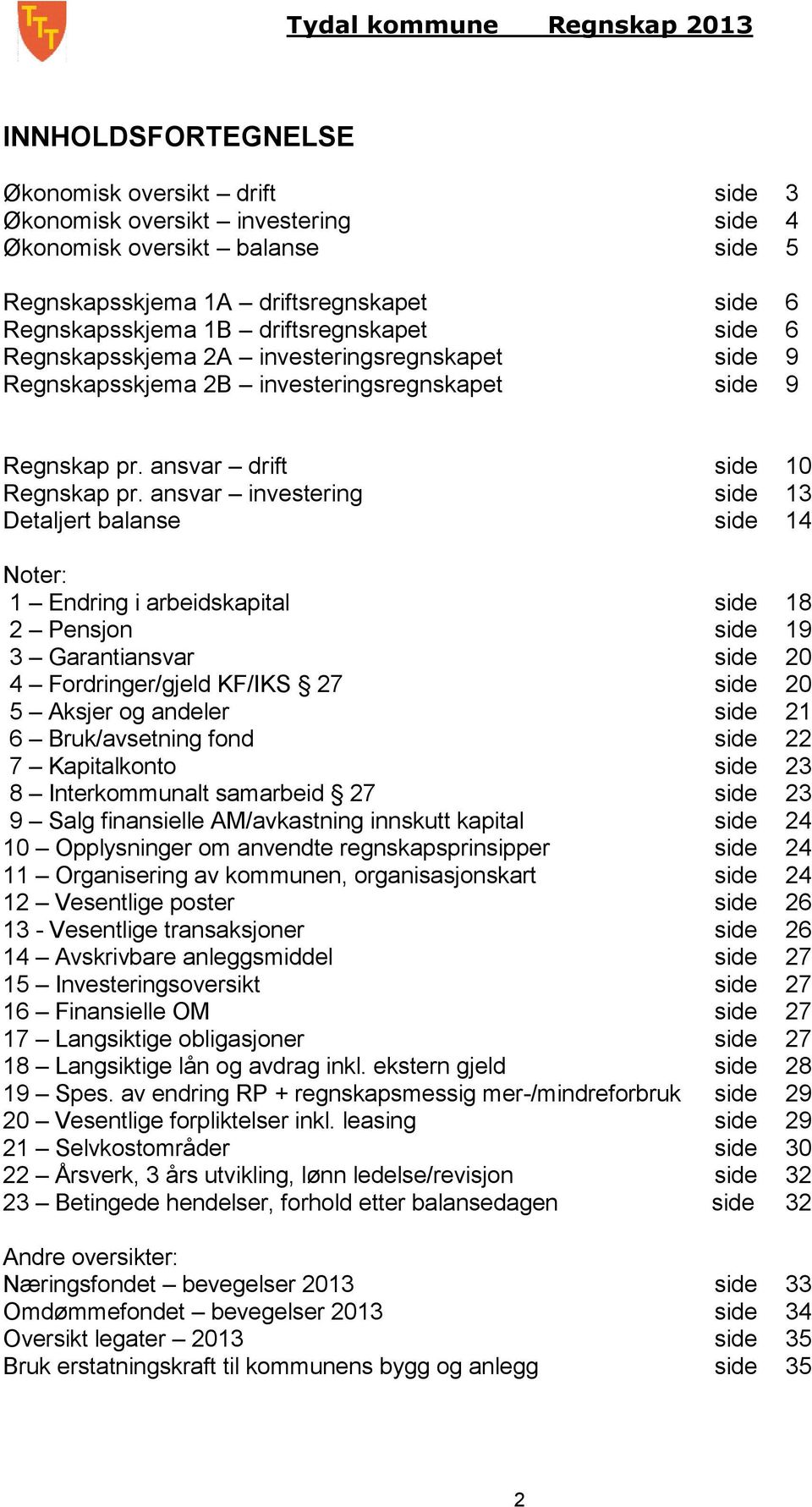 ansvar investering side 13 Detaljert balanse side 14 Noter: 1 Endring i arbeidskapital side 18 2 Pensjon side 19 3 Garantiansvar side 20 4 Fordringer/gjeld KF/IKS 27 side 20 5 Aksjer og andeler side