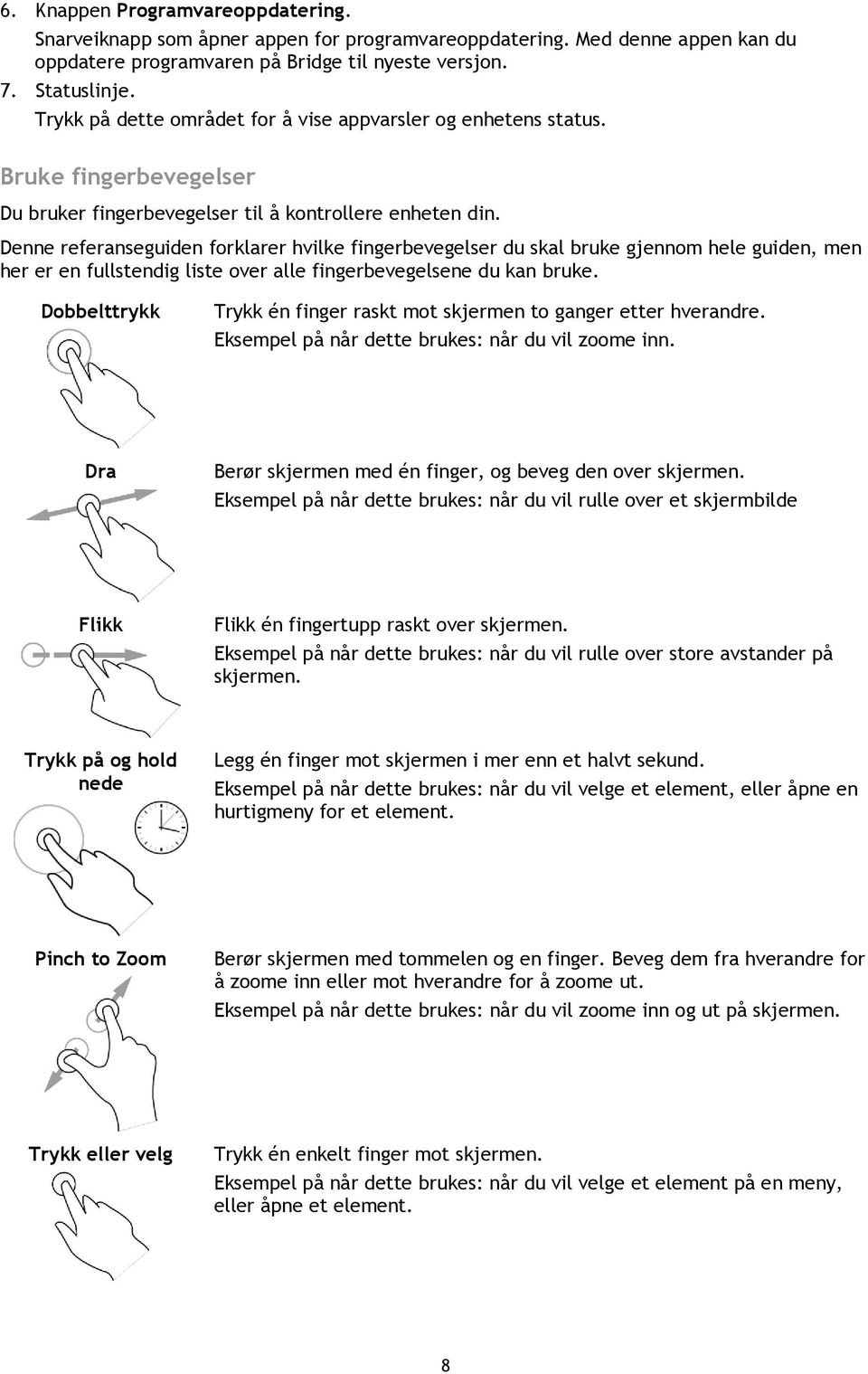 Denne referanseguiden forklarer hvilke fingerbevegelser du skal bruke gjennom hele guiden, men her er en fullstendig liste over alle fingerbevegelsene du kan bruke.