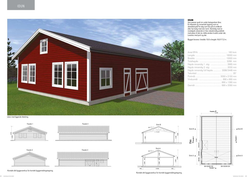 20-02 og snitt real BY:... 160 kvm Lengde:... 16000 mm Bredde:... 10000 mm Totalhøyde:... 5288 mm Høyde innvendig 1. etg:... 2665 mm Høyde innvendig 2. etg:... 2030 mm Høyde innvendig full høyde:.