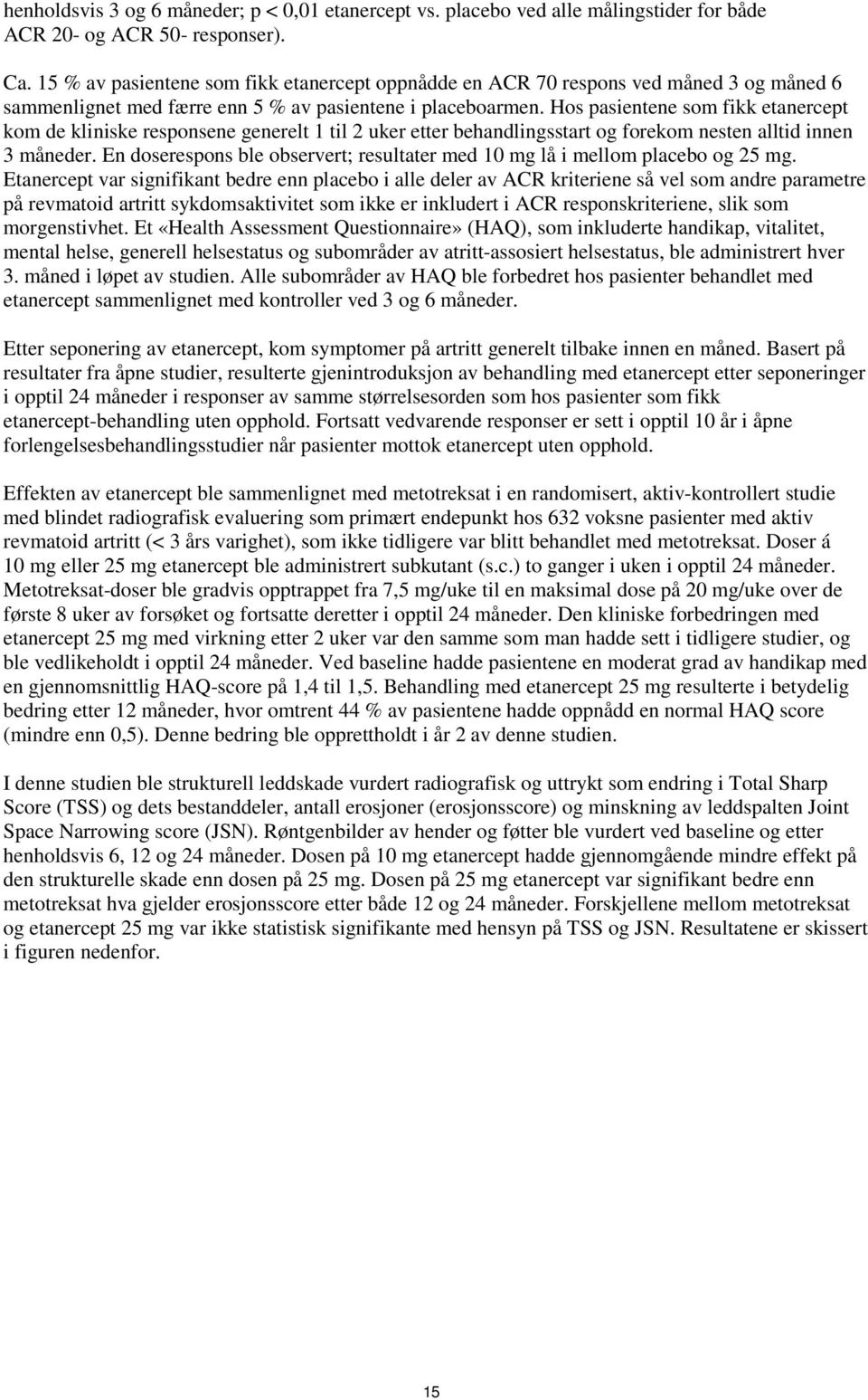 Hos pasientene som fikk etanercept kom de kliniske responsene generelt 1 til 2 uker etter behandlingsstart og forekom nesten alltid innen 3 måneder.