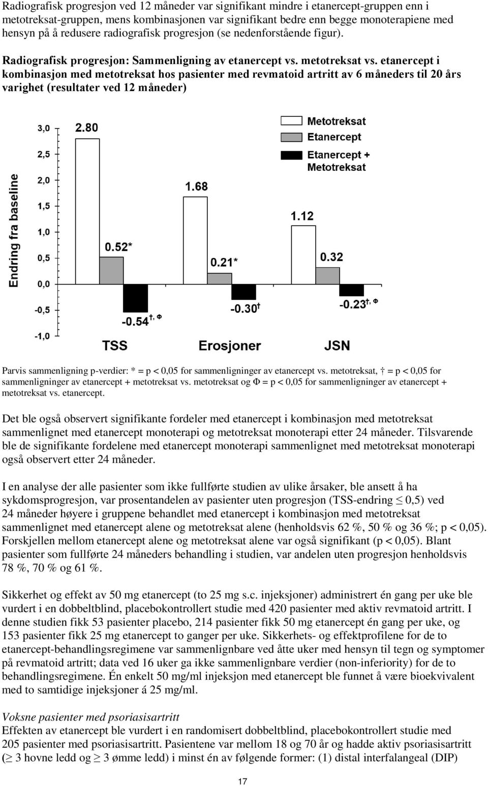 etanercept i kombinasjon med metotreksat hos pasienter med revmatoid artritt av 6 måneders til 20 års varighet (resultater ved 12 måneder) Parvis sammenligning p-verdier: * = p < 0,05 for