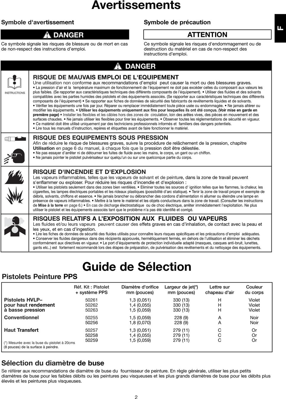 F DANGER INSTRUCTIONS RISQUE DE MAUVAIS EMPLOI DE L'EQUIPEMENT Une utilisation non conforme aux recommandations d emploi peut causer la mort ou des blessures graves.