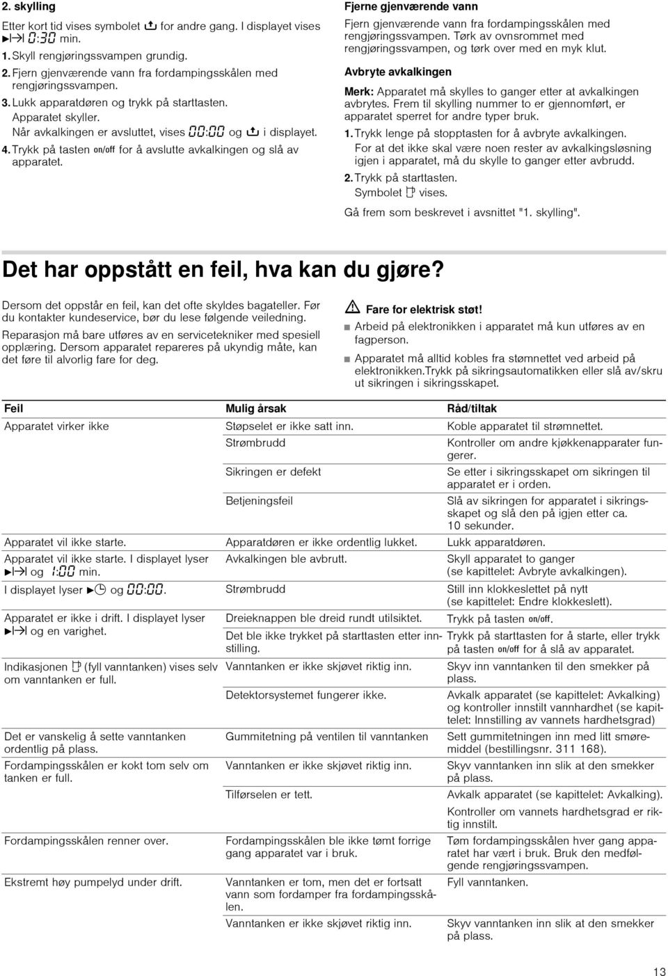 Fjerne gjenværende vann Fjern gjenværende vann fra fordampingsskålen med rengjøringssvampen. Tørk av ovnsrommet med rengjøringssvampen, og tørk over med en myk klut.