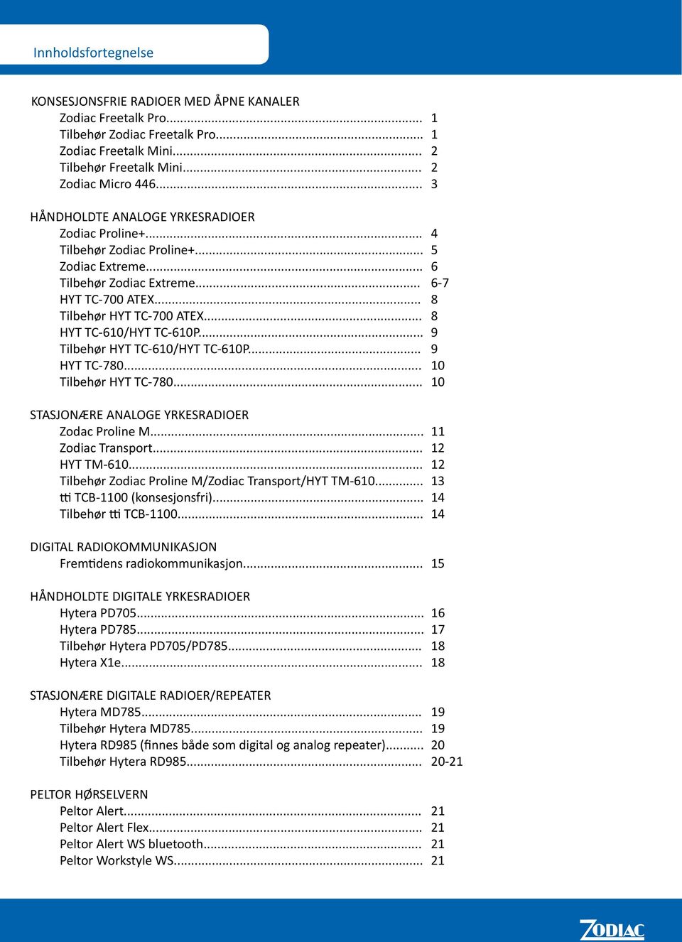 .. 8 HYT TC-610/HYT TC-610P... 9 Tilbehør HYT TC-610/HYT TC-610P... 9 HYT TC-780... 10 Tilbehør HYT TC-780... 10 STASJONÆRE ANALOGE YRKESRADIOER Zodac Proline M... 11 Zodiac Transport... 12 HYT TM-610.
