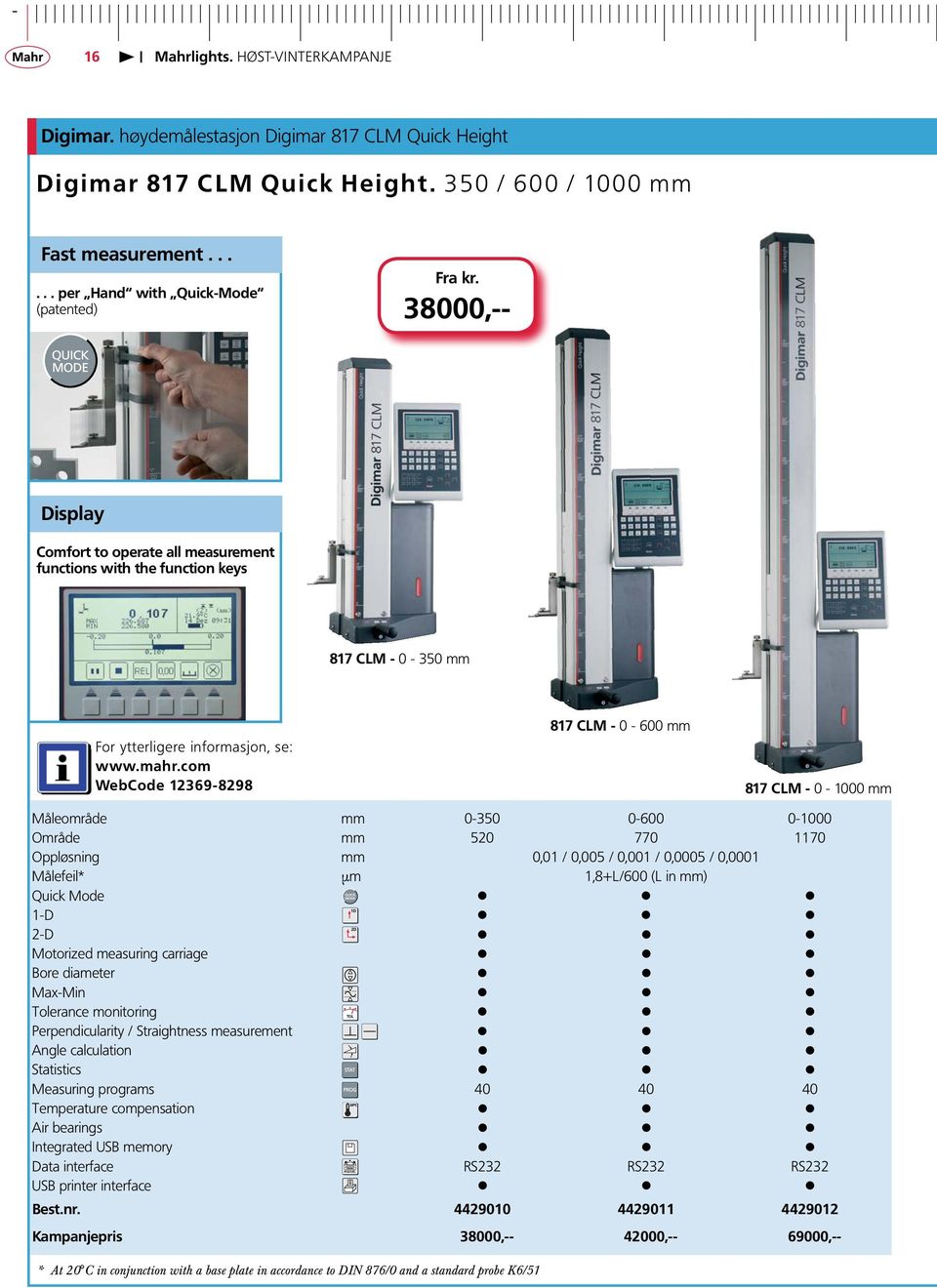Område Oppløsning Målefeil* Quick Mode 1-D 2-D Motorized measuring carriage Bore diameter Max-Min Tolerance monitoring Perpendicularity / Straightness measurement Angle calculation Statistics