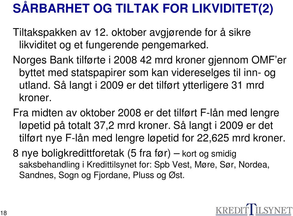 Så langt i 2009 er det tilført ytterligere 31 mrd kroner. Fra midten av oktober 2008 er det tilført F-lån med lengre løpetid på totalt 37,2 mrd kroner.