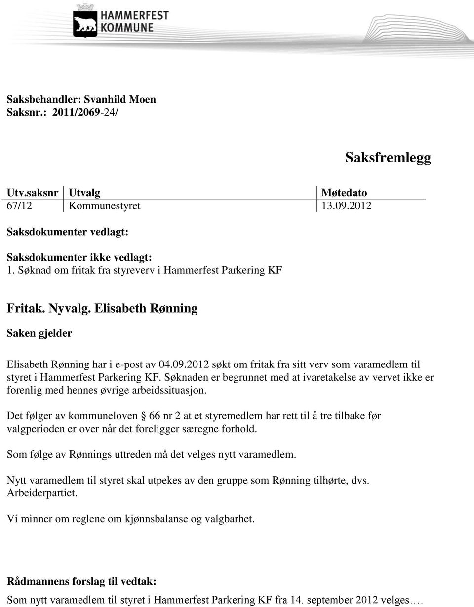 2012 søkt om fritak fra sitt verv som varamedlem til styret i Hammerfest Parkering KF. Søknaden er begrunnet med at ivaretakelse av vervet ikke er forenlig med hennes øvrige arbeidssituasjon.