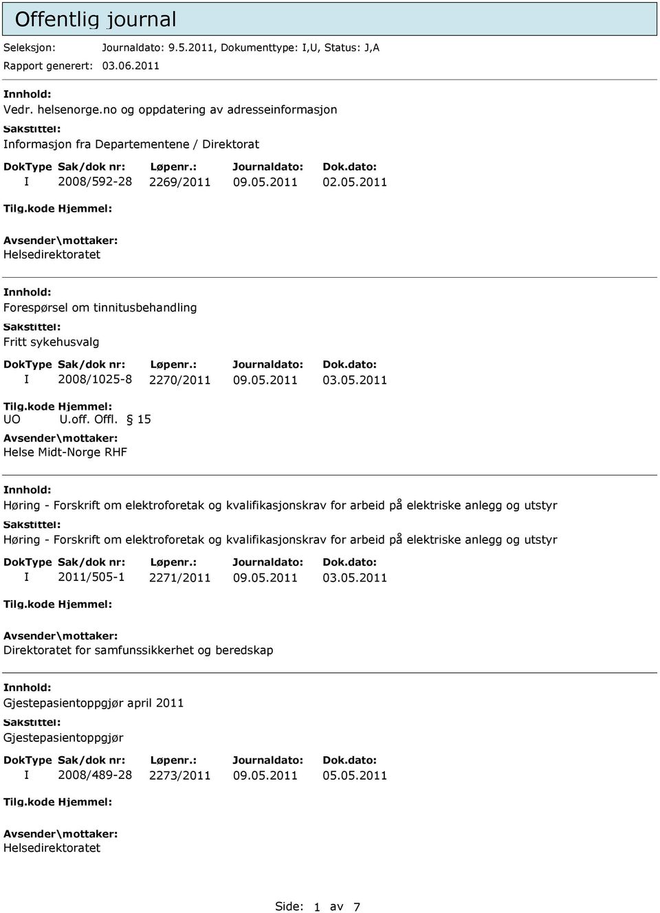 2011 Helsedirektoratet nnhold: Forespørsel om tinnitusbehandling Fritt sykehusvalg UO 2008/1025-8 2270/2011 U.off. Offl.