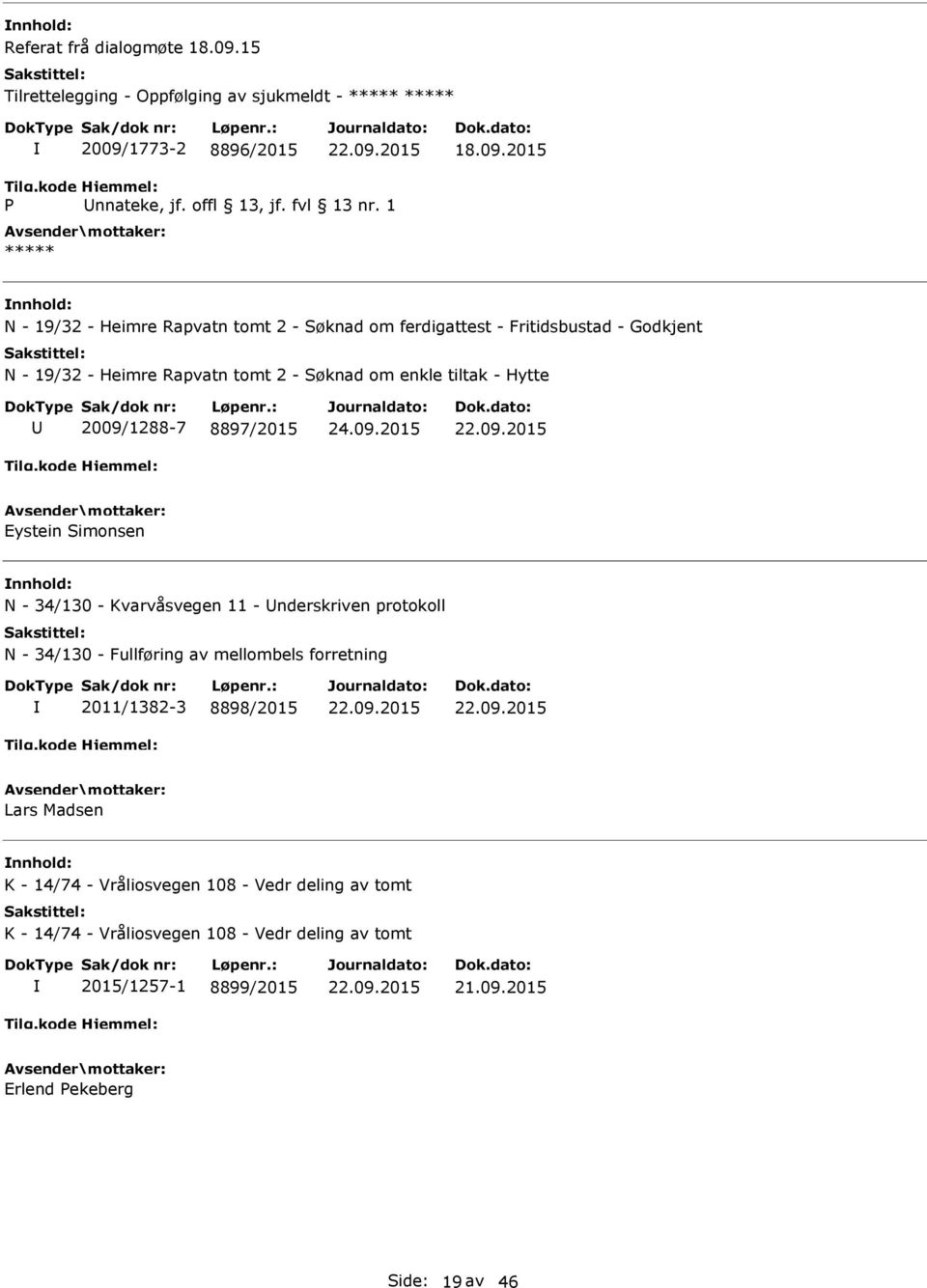 2009/1288-7 8897/2015 Eystein Simonsen N - 34/130 - Kvarvåsvegen 11 - nderskriven protokoll N - 34/130 - Fullføring av mellombels forretning 2011/1382-3