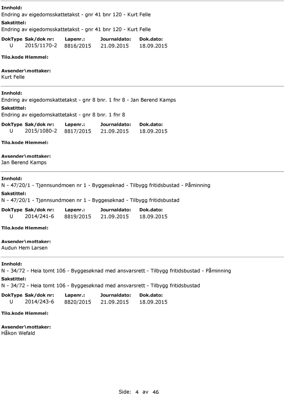 1 fnr 8 2015/1080-2 8817/2015 Jan Berend Kamps N - 47/20/1 - Tjønnsundmoen nr 1 - Byggesøknad - Tilbygg fritidsbustad - Påminning N - 47/20/1 - Tjønnsundmoen nr 1 - Byggesøknad -