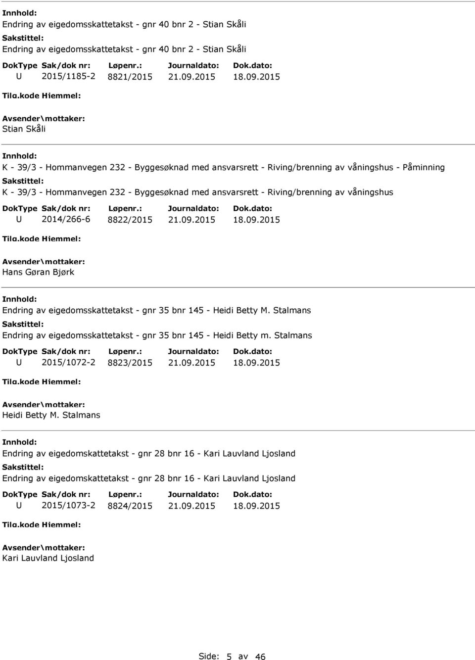 Bjørk Endring av eigedomsskattetakst - gnr 35 bnr 145 - Heidi Betty M. Stalmans Endring av eigedomsskattetakst - gnr 35 bnr 145 - Heidi Betty m. Stalmans 2015/1072-2 8823/2015 Heidi Betty M.