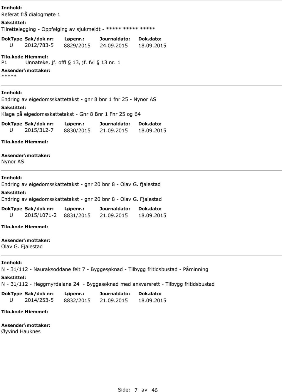 eigedomsskattetakst - gnr 20 bnr 8 - Olav G. fjalestad Endring av eigedomsskattetakst - gnr 20 bnr 8 - Olav G. Fjalestad 2015/1071-2 8831/2015 Olav G.