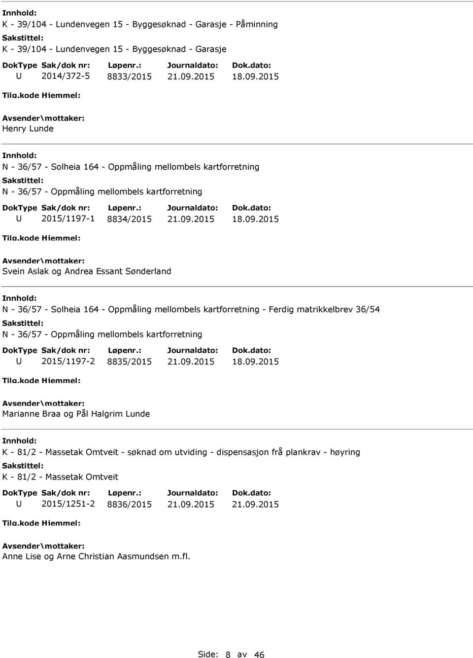 Oppmåling mellombels kartforretning - Ferdig matrikkelbrev 36/54 N - 36/57 - Oppmåling mellombels kartforretning 2015/1197-2 8835/2015 Marianne Braa og Pål Halgrim Lunde K -