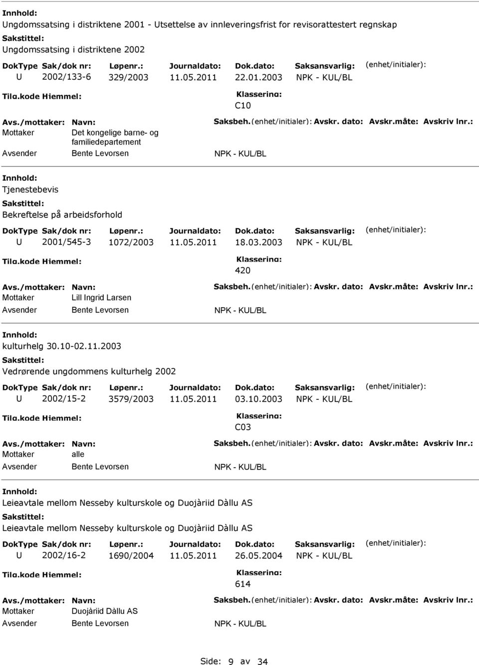 2003 C10 Mottaker Det kongelige barne- og familiedepartement Tjenestebevis Bekreftelse på arbeidsforhold 2001/545-3 1072/2003 18.03.2003 420 Mottaker Lill ngrid Larsen kulturhelg 30.