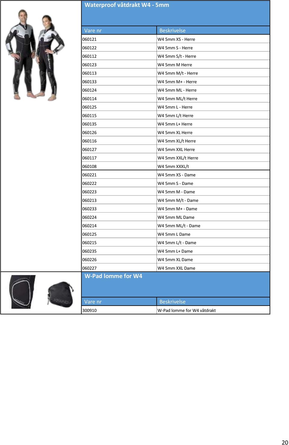 5mm XXL/t Herre 060108 W4 5mm XXXL/t 060221 W4 5mm XS - Dame 060222 W4 5mm S - Dame 060223 W4 5mm M - Dame 060213 W4 5mm M/t - Dame 060233 W4 5mm M+ - Dame 060224 W4 5mm ML Dame 060214 W4 5mm