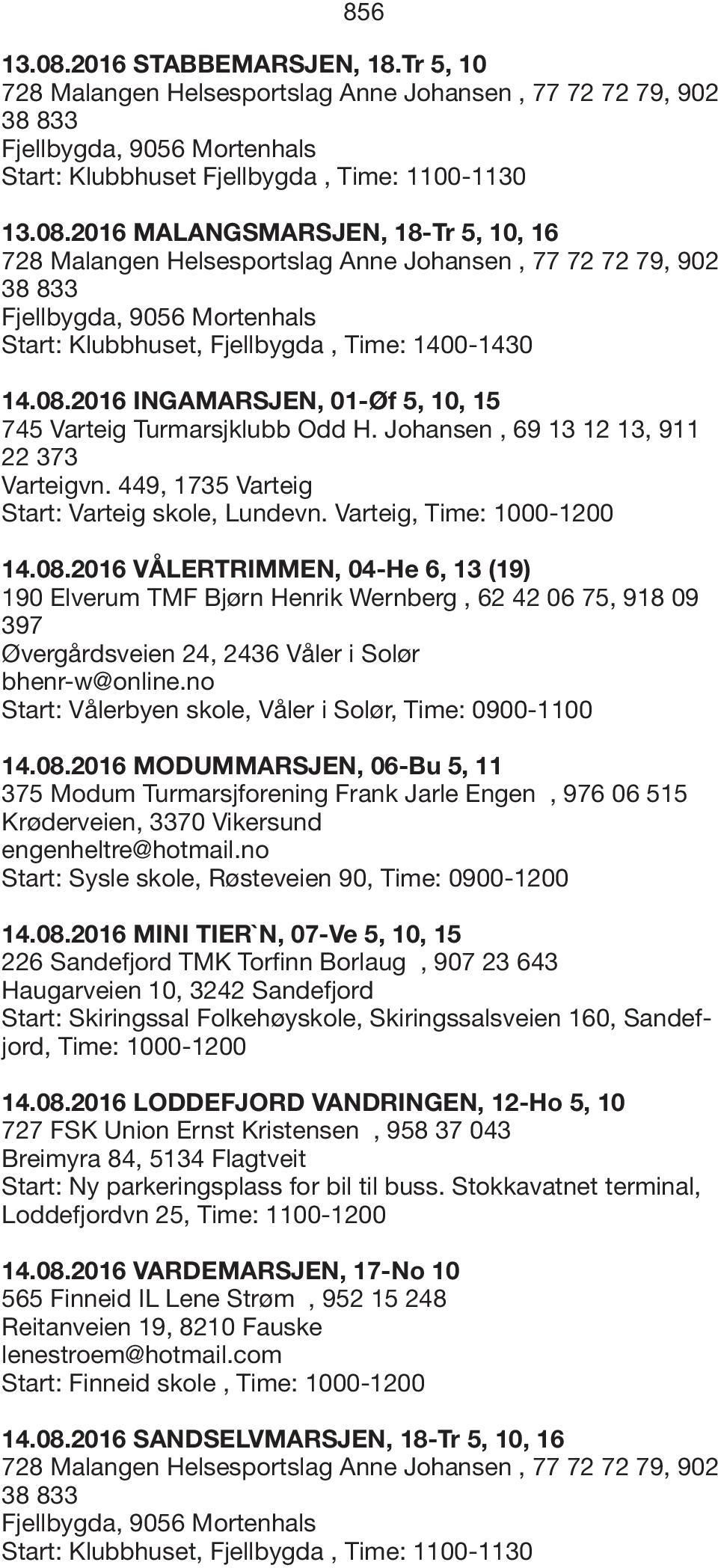 no Start: Vålerbyen skole, Våler i Solør, Time: 0900-1100 14.08.2016 MODUMMARSJEN, 06-Bu 5, 11 375 Modum Turmarsjforening Frank Jarle Engen, 976 06 515 Krøderveien, 3370 Vikersund engenheltre@hotmail.