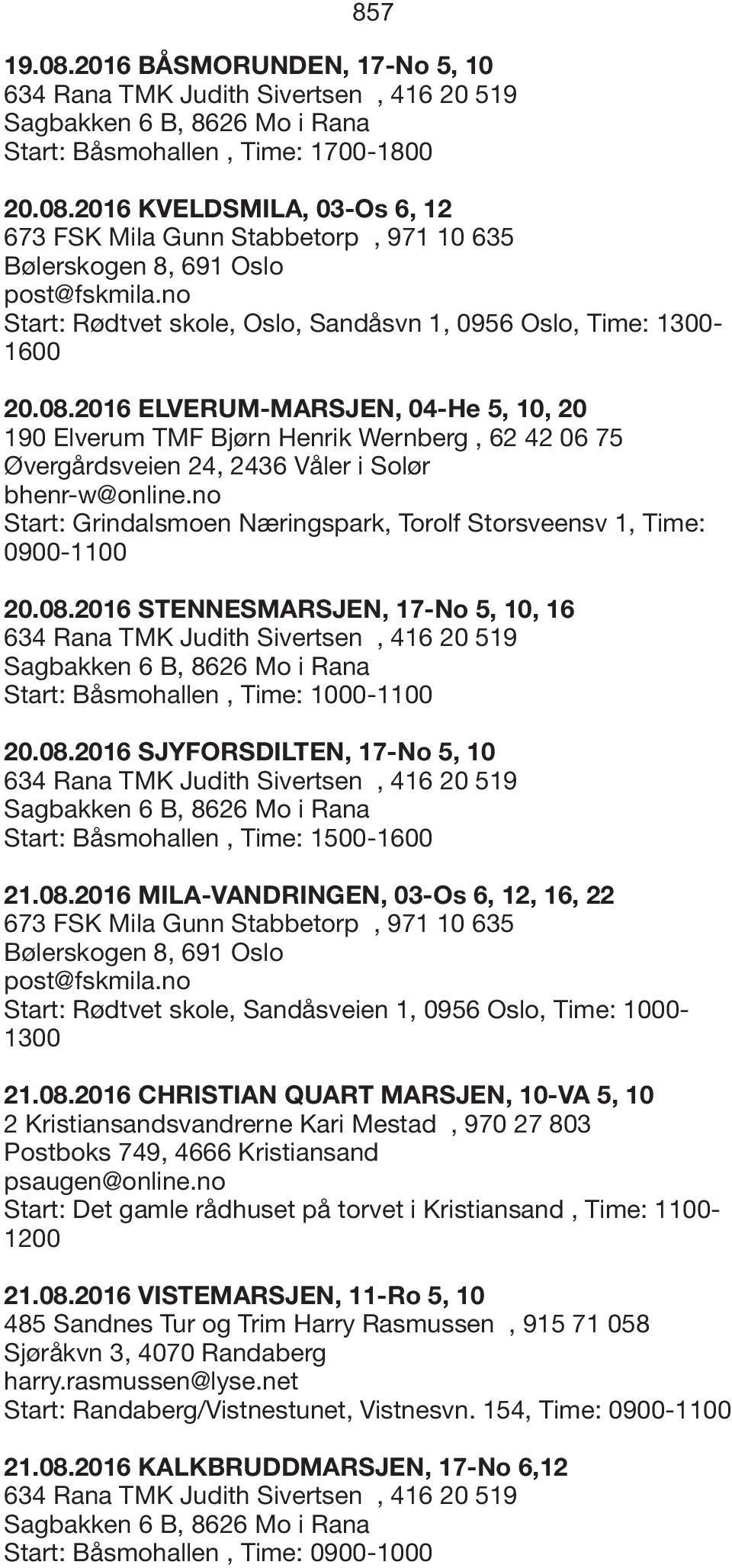 2016 ELVERUM-MARSJEN, 04-He 5, 10, 20 190 Elverum TMF Bjørn Henrik Wernberg, 62 42 06 75 Øvergårdsveien 24, 2436 Våler i Solør bhenr-w@online.