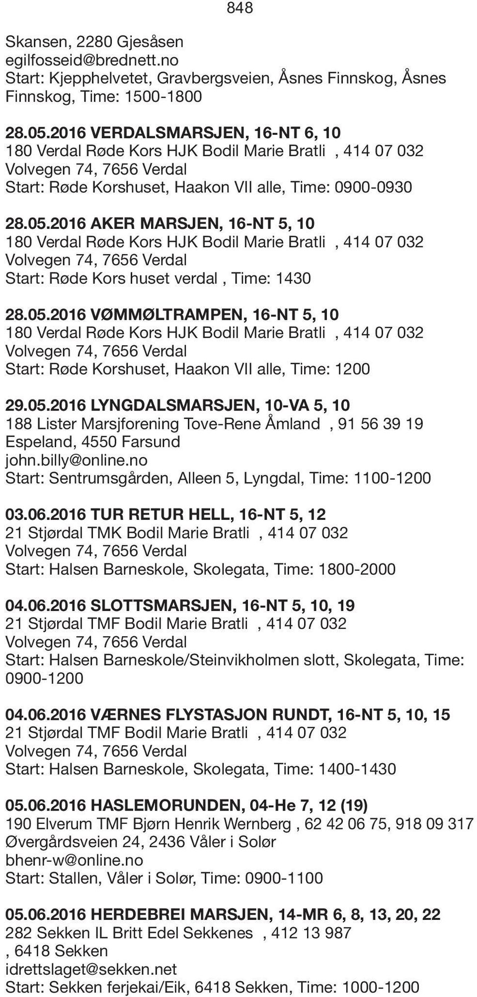 2016 AKER MARSJEN, 16-NT 5, 10 180 Verdal Røde Kors HJK Bodil Marie Bratli, 414 07 032 Volvegen 74, 7656 Verdal Start: Røde Kors huset verdal, Time: 1430 28.05.