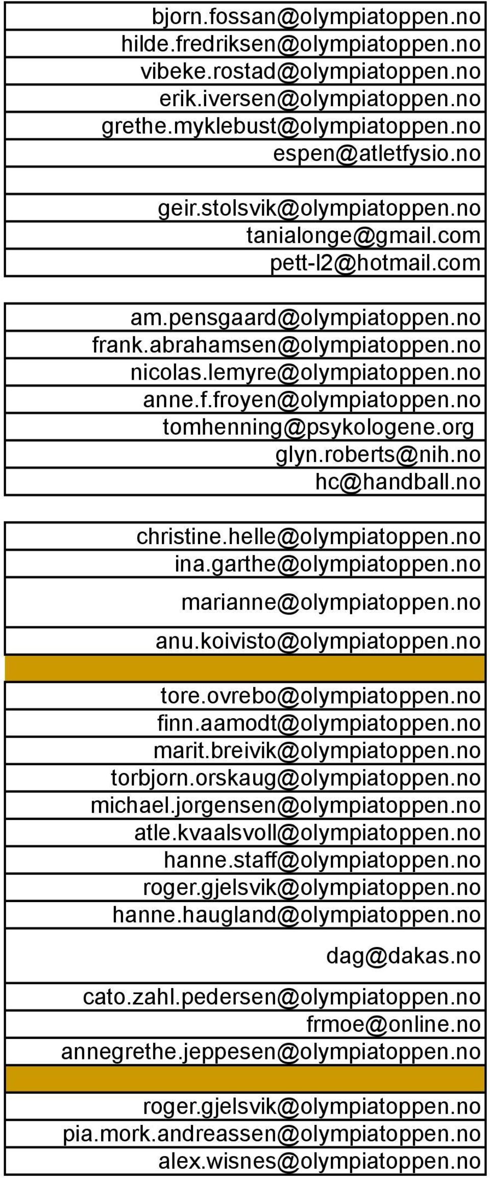 no tomhenning@psykologene.org glyn.roberts@nih.no hc@handball.no christine.helle@olympiatoppen.no ina.garthe@olympiatoppen.no marianne@olympiatoppen.no anu.koivisto@olympiatoppen.no tore.