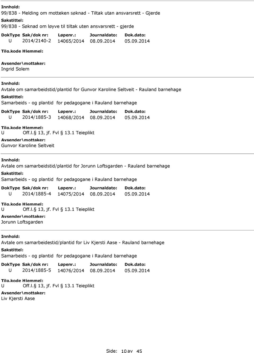 Avtale om samarbeidstid/plantid for Jorunn Loftsgarden - Rauland barnehage Samarbeids - og plantid for pedagogane i Rauland barnehage 2014/1885-4 14075/2014 Jorunn Loftsgarden