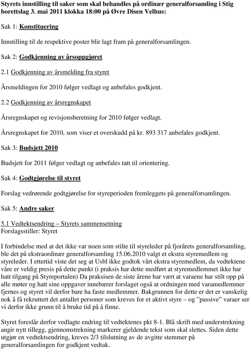 1 Godkjenning av årsmelding fra styret Årsmeldingen for 2010 følger vedlagt og anbefales godkjent. 2.2 Godkjenning av årsregnskapet Årsregnskapet og revisjonsberetning for 2010 følger vedlagt.