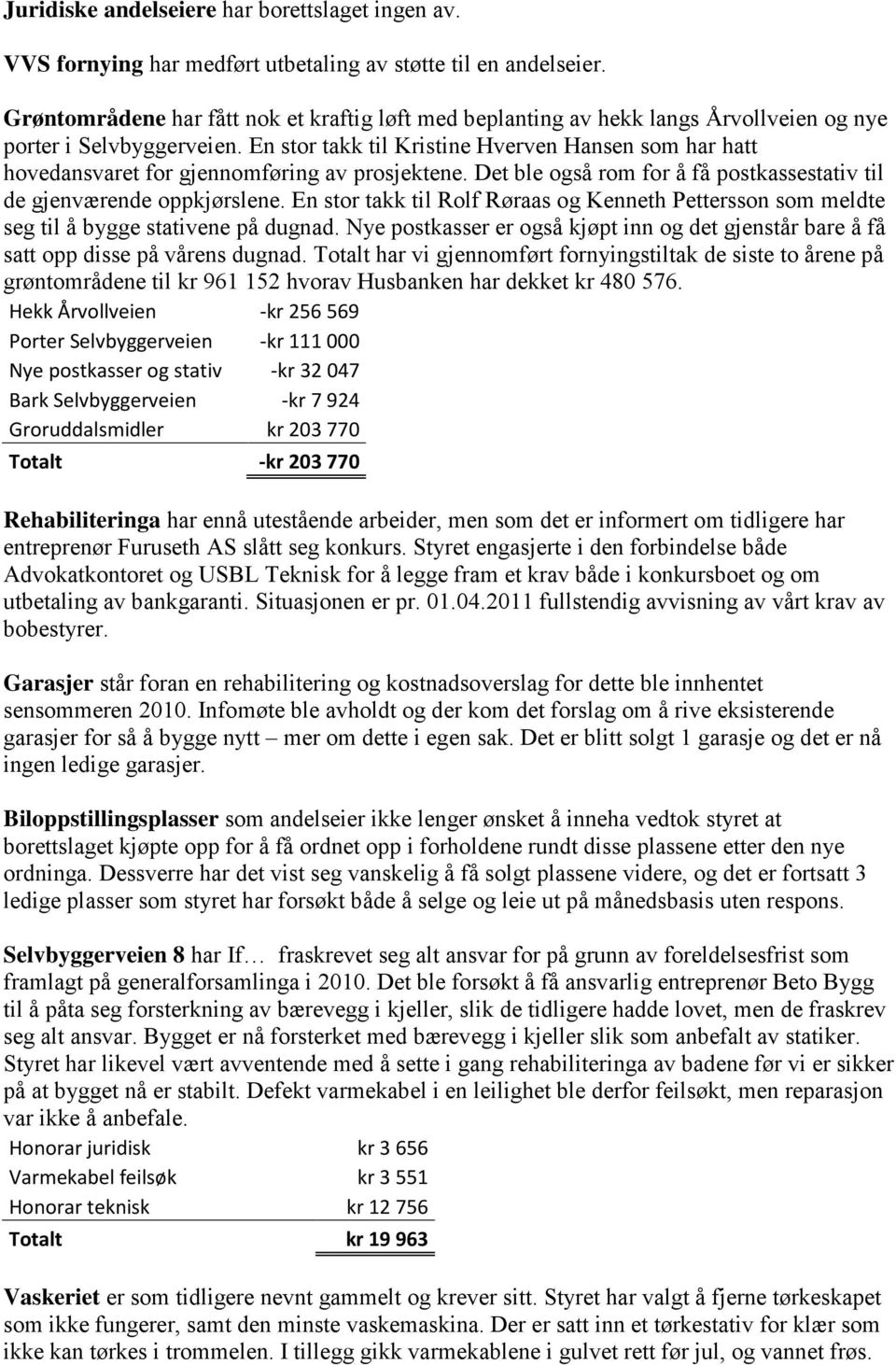 En stor takk til Kristine Hverven Hansen som har hatt hovedansvaret for gjennomføring av prosjektene. Det ble også rom for å få postkassestativ til de gjenværende oppkjørslene.