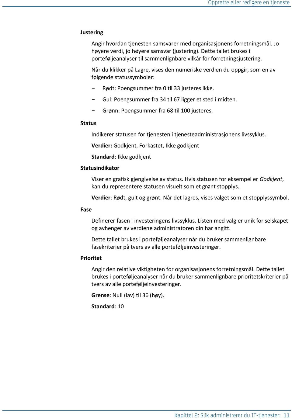 Når du klikker på Lagre, vises den numeriske verdien du oppgir, som en av følgende statussymboler: Rødt: Poengsummer fra 0 til 33 justeres ikke. Gul: Poengsummer fra 34 til 67 ligger et sted i midten.