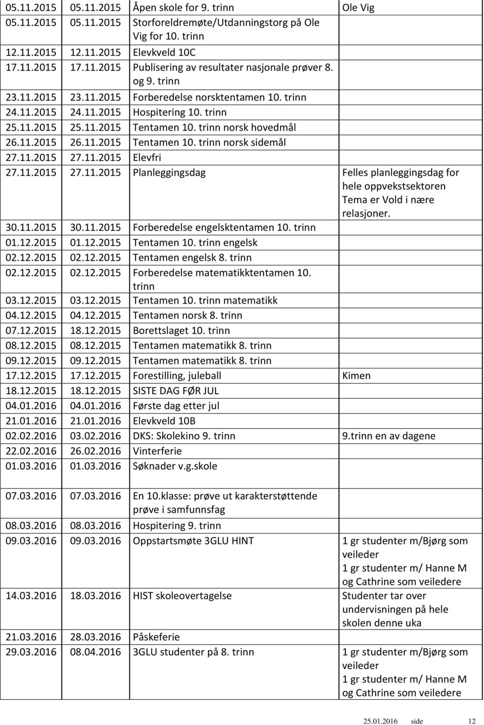 11.2015 27.11.2015 Elevfri 27.11.2015 27.11.2015 Planleggingsdag Felles planleggingsdag for hele oppvekstsektoren Tema er Vold i nære relasjoner. 30.11.2015 30.11.2015 Forberedelse engelsktentamen 10.