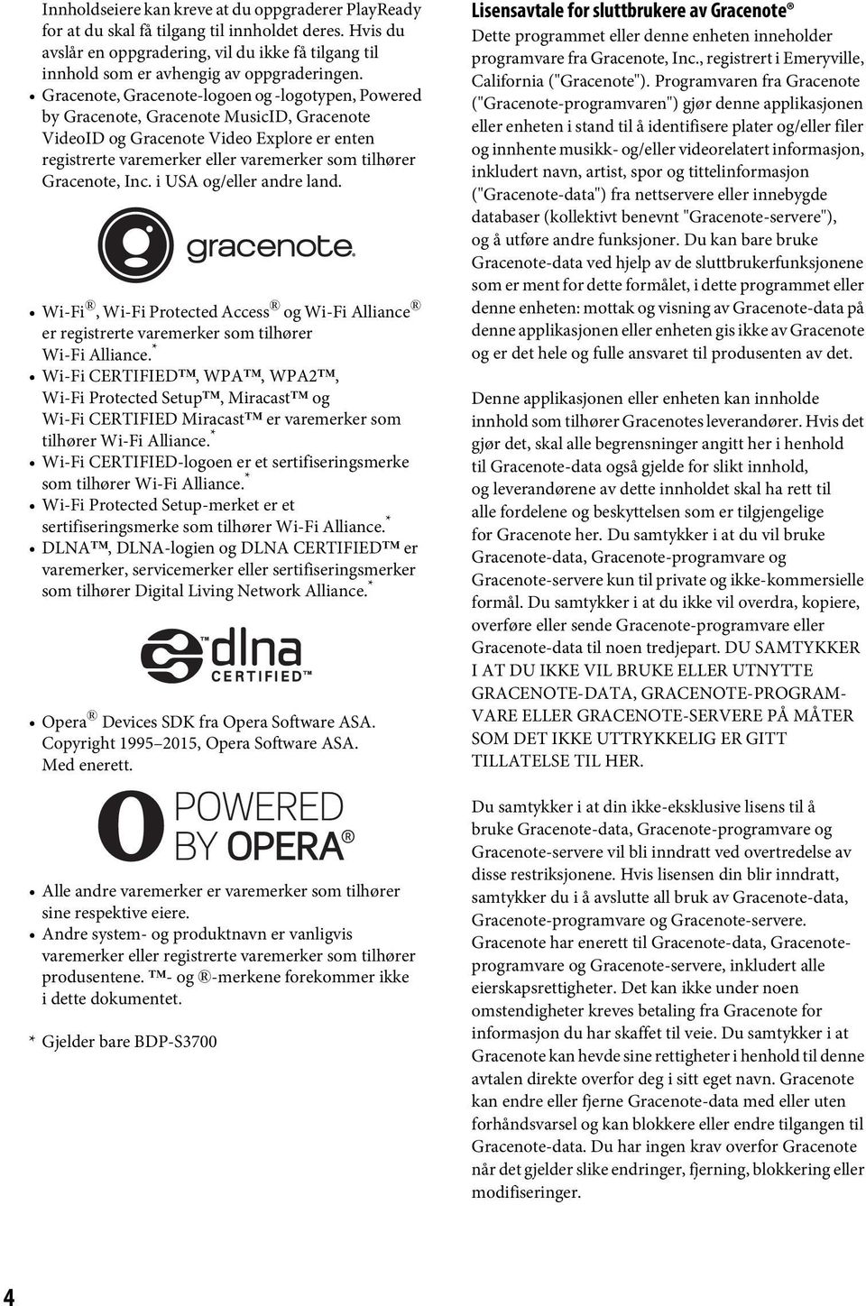 Gracenote, Inc. i USA og/eller andre land. Wi-Fi, Wi-Fi Protected Access og Wi-Fi Alliance er registrerte varemerker som tilhører Wi-Fi Alliance.