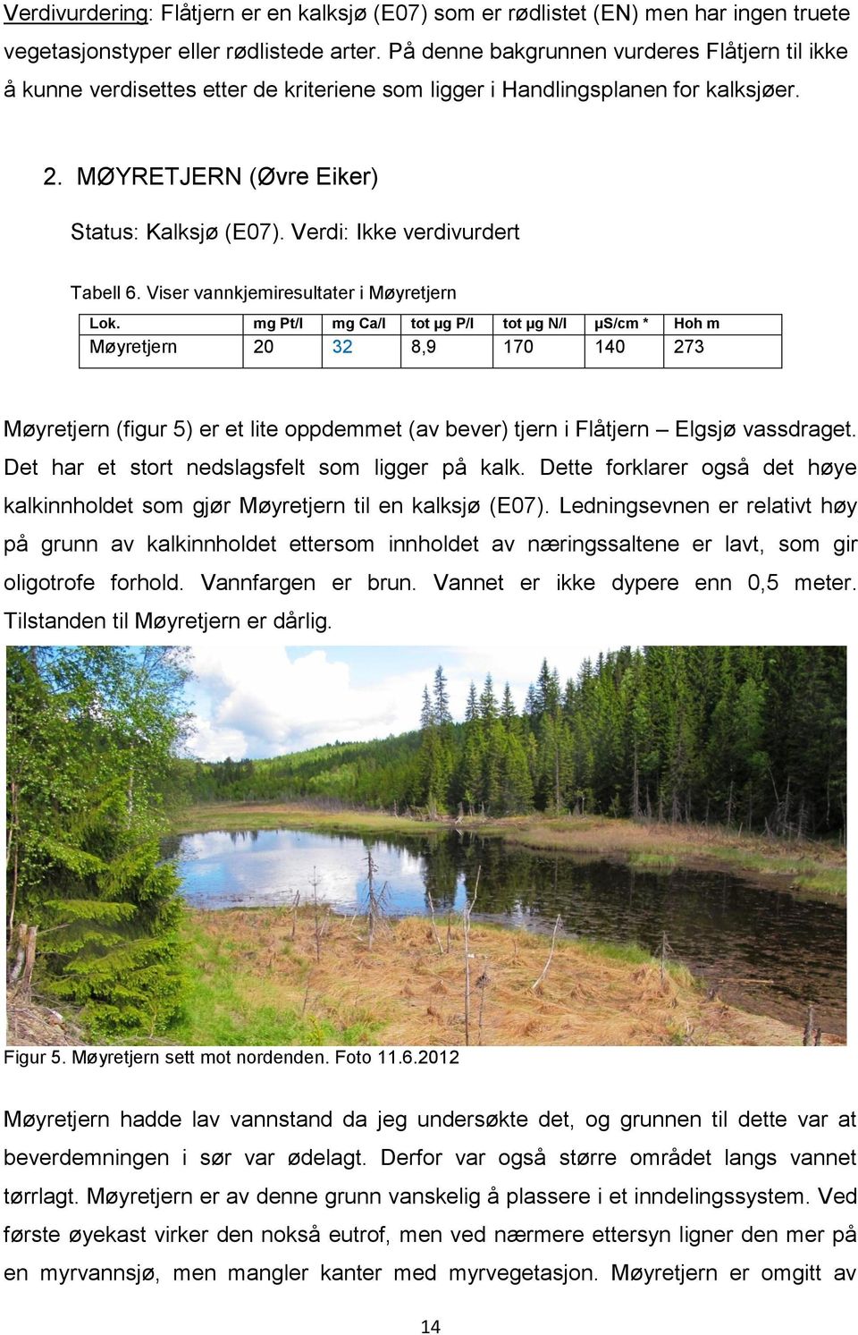 Verdi: Ikke verdivurdert Tabell 6. Viser vannkjemiresultater i Møyretjern Lok.