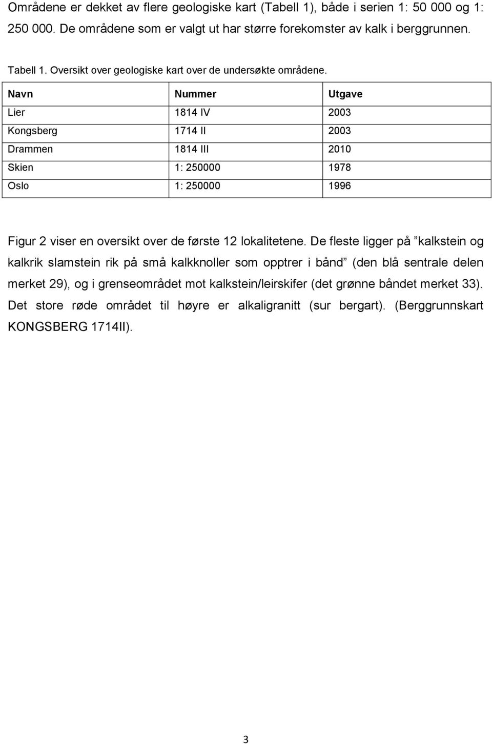 Navn Nummer Utgave Lier 1814 IV 2003 Kongsberg 1714 II 2003 Drammen 1814 III 2010 Skien 1: 250000 1978 Oslo 1: 250000 1996 Figur 2 viser en oversikt over de første 12 lokalitetene.