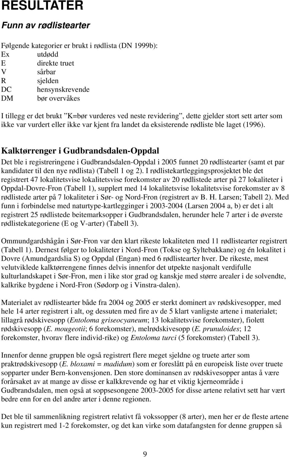 Kalktørrenger i Gudbrandsdalen-Oppdal Det ble i registreringene i Gudbrandsdalen-Oppdal i 2005 funnet 20 rødlistearter (samt et par kandidater til den nye rødlista) (Tabell 1 og 2).