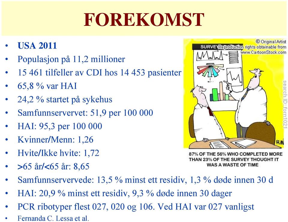 1,72 >65 år/<65 år: 8,65 Samfunnservervede: 13,5 % minst ett residiv, 1,3 % døde innen 30 d HAI: 20,9 % minst ett