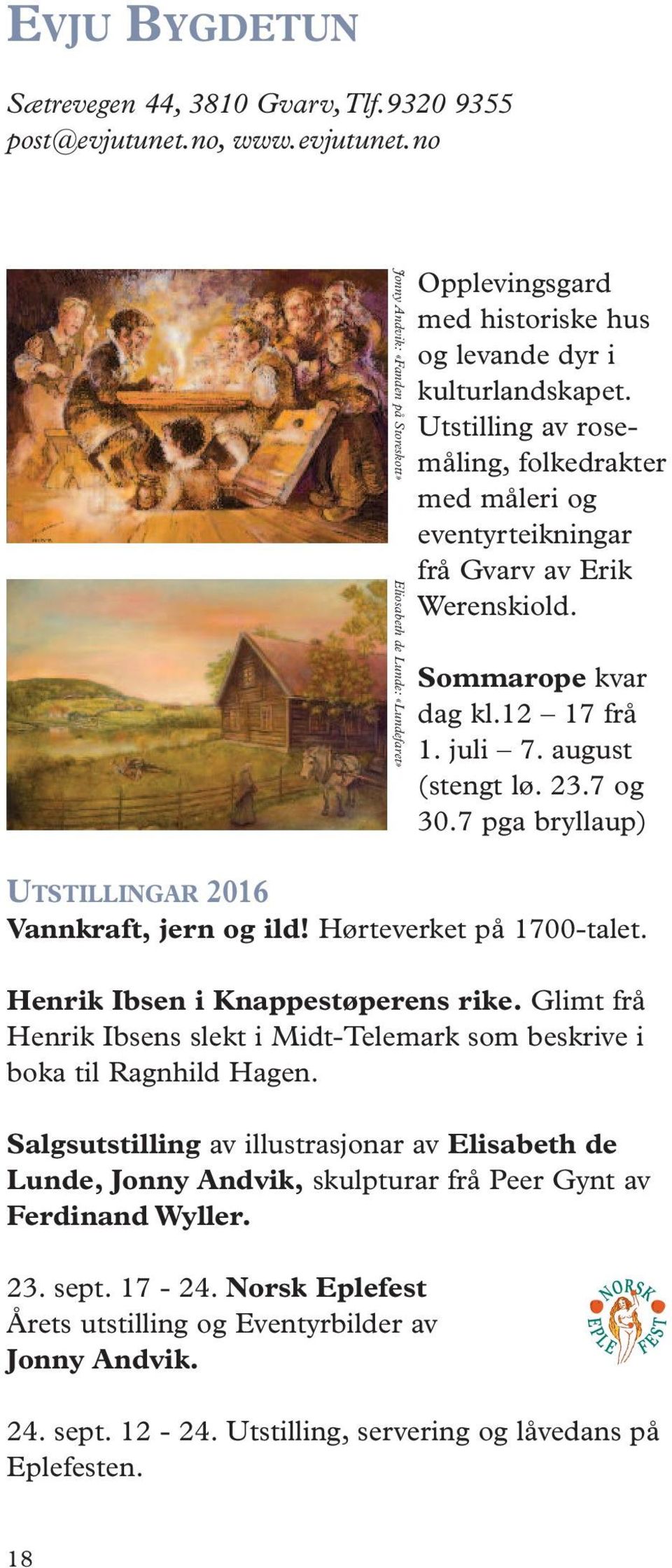 7 pga bryllaup) UTSTILLINGAR 2016 Vannkraft, jern og ild! Hørteverket på 1700-talet. Henrik Ibsen i Knappestøperens rike.