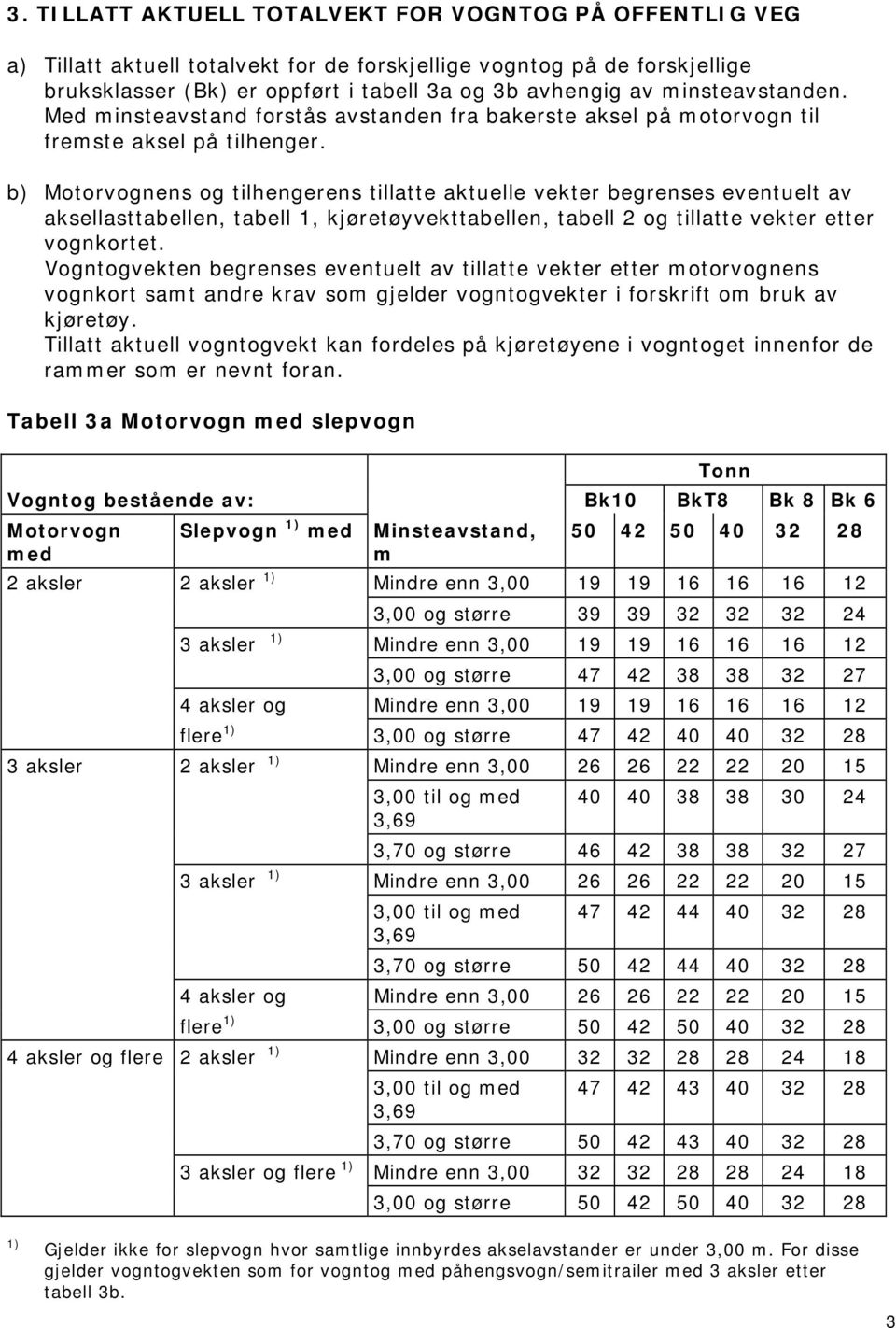 b) Motorvognens og tilhengerens tillatte aktuelle vekter begrenses eventuelt av aksellasttabellen, tabell 1, kjøretøyvekttabellen, tabell 2 og tillatte vekter etter vognkortet.