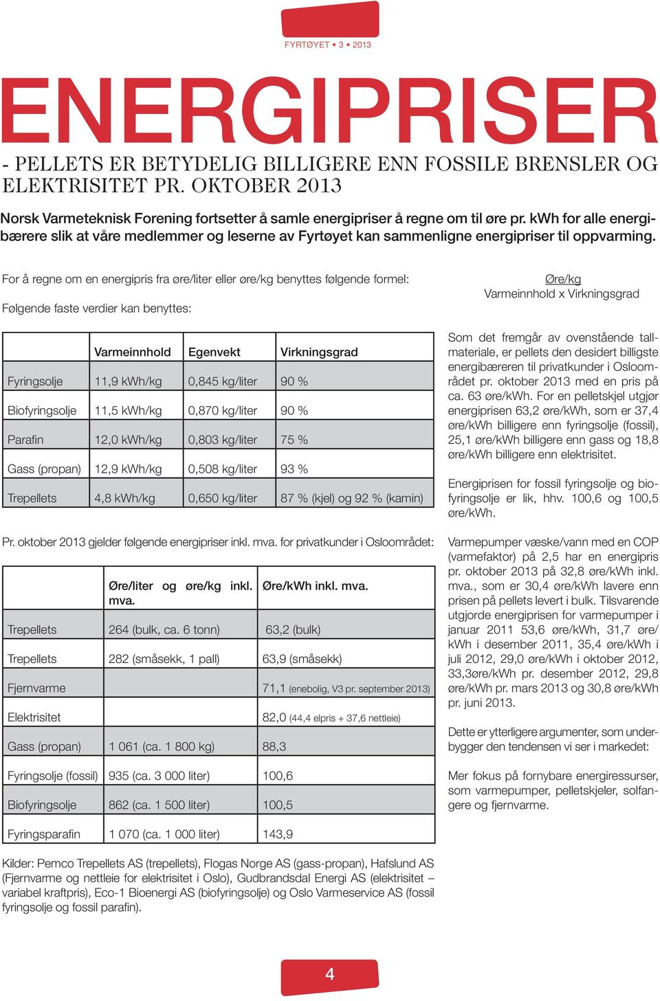 For å regne om en energipris fra øre/liter eller øre/kg benyttes følgende formel: Følgende faste verdier kan benyttes: Varmeinnhold Egenvekt Virkningsgrad Fyringsolje 11,9 kwh/kg 0,845 kg/liter 90 %