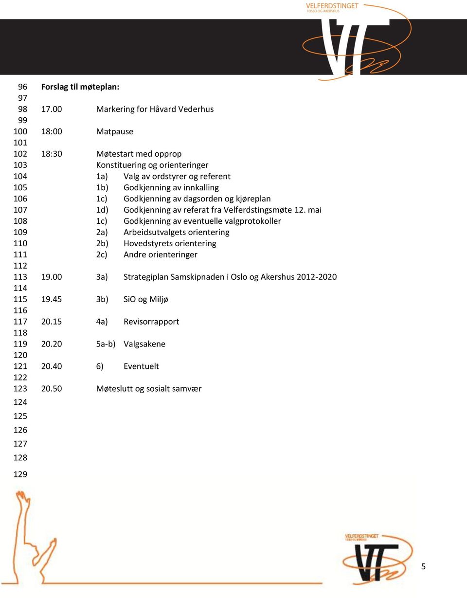 av dagsorden og kjøreplan 1d) Godkjenning av referat fra Velferdstingsmøte 12.