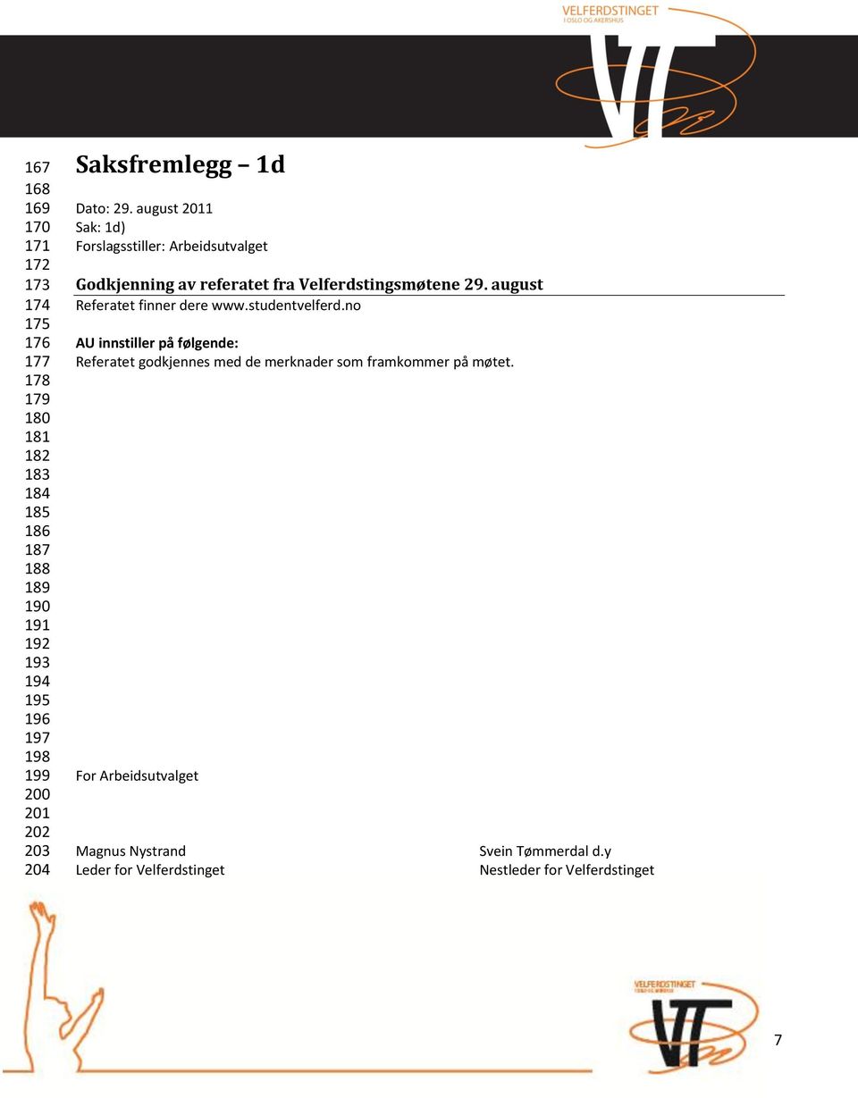 august 2011 Sak: 1d) Forslagsstiller: Arbeidsutvalget Godkjenning av referatet fra Velferdstingsmøtene 29.