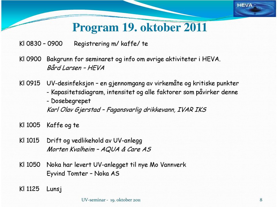 faktorer som påvirker denne - Dosebegrepet Karl Olav Gjerstad Fagansvarlig drikkevann, IVAR IKS Kl 1005 Kl 1015 Kl 1050 Kl 1125 Kaffe