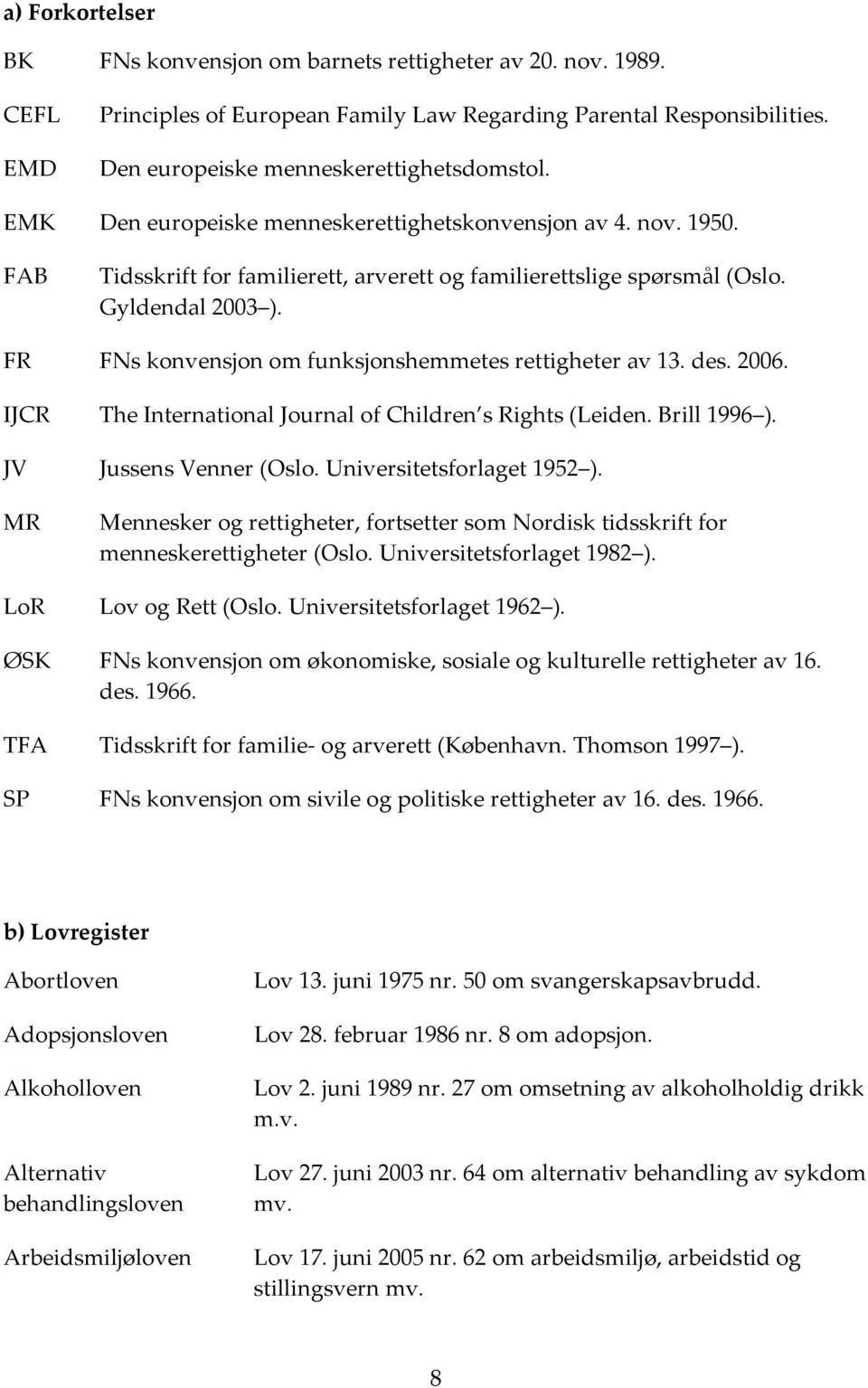 FR FNs konvensjon om funksjonshemmetes rettigheter av 13. des. 2006. IJCR The International Journal of Children s Rights (Leiden. Brill 1996 ). JV Jussens Venner (Oslo. Universitetsforlaget 1952 ).