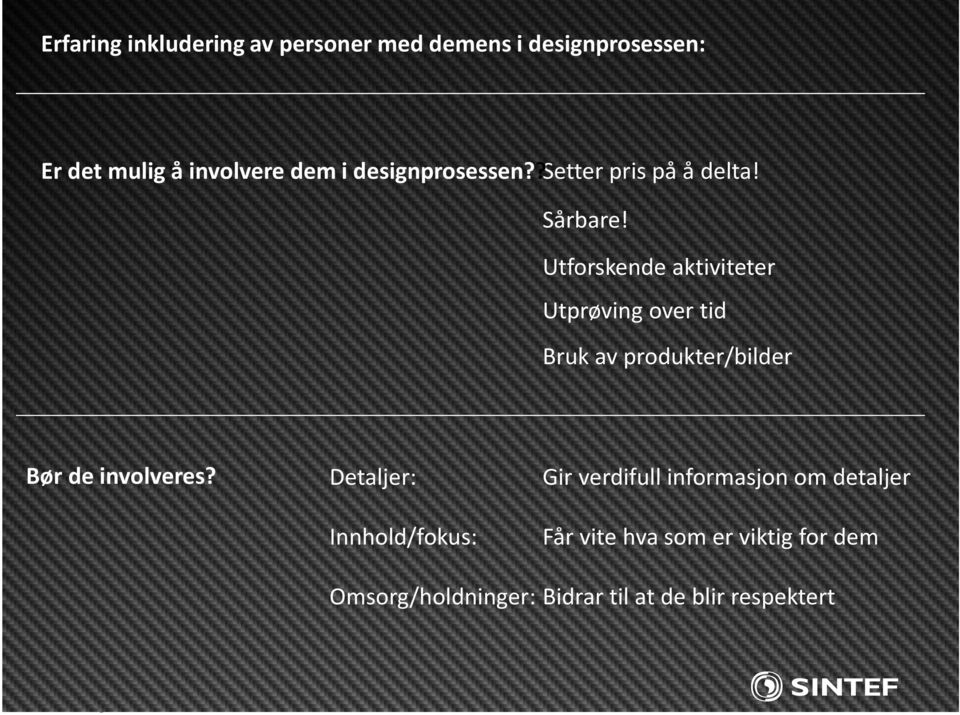 Utforskende aktiviteter Utprøving over tid Bruk av produkter/bilder Bør de involveres?