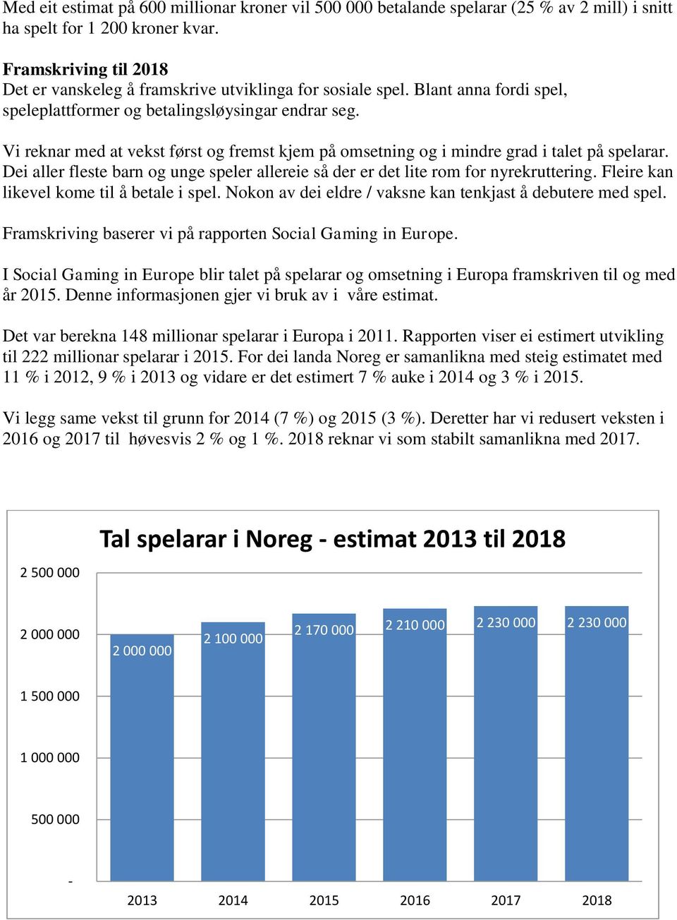 Vi reknar med at vekst først og fremst kjem på omsetning og i mindre grad i talet på spelarar. Dei aller fleste barn og unge speler allereie så der er det lite rom for nyrekruttering.