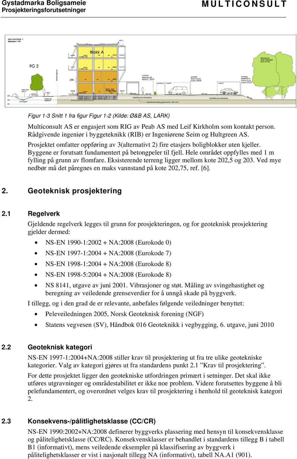 Byggene er forutsatt fundamentert på betongpeler til fjell. Hele området oppfylles med 1 m fylling på grunn av flomfare. Eksisterende terreng ligger mellom kote 202,5 og 203.