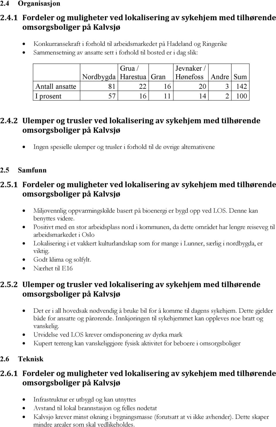 I prosent 57 16 11 14 2 100 2.4.2 Ulemper og trusler ved lokalisering av sykehjem med tilhørende omsorgsboliger på Kalvsjø Ingen spesielle ulemper og trusler i forhold til de øvrige alternativene 2.